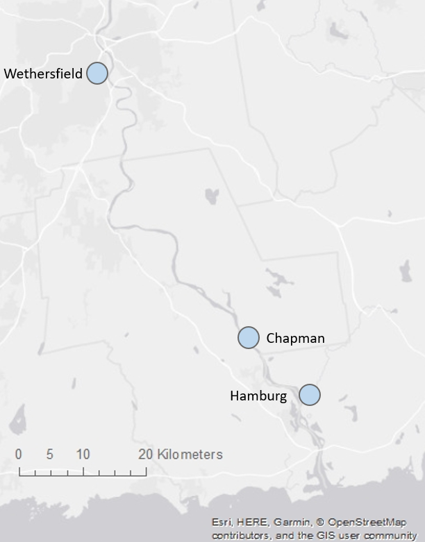 Map of sampled coves along the Connecticut River, oriented with North at the top